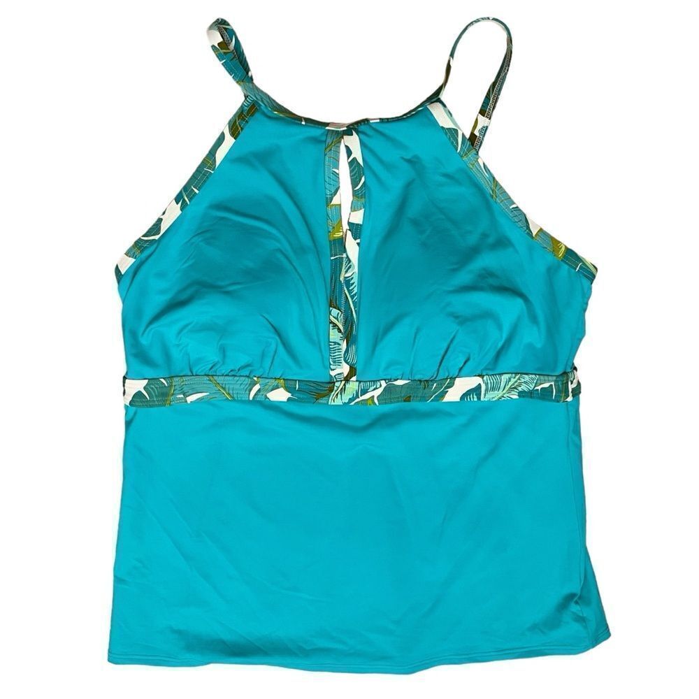 Land’ Aqua Tropical Leaf Print Top Adjustable-Stripes Swimsuit Sz 16 NWOT
